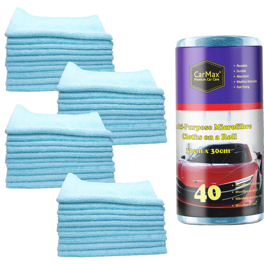 CarMax® - 20 Multi-Purpose Blue Car Cleaning & Detailing Microfibres on a Roll- reusable microfibre towels 30cm x 30cm on tear-off roll
