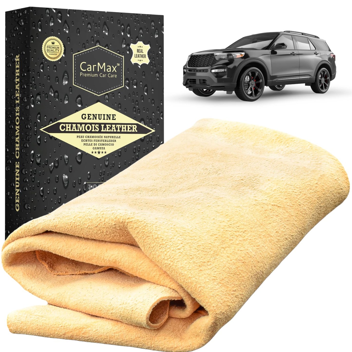 CarMax® English Premium Grade Natural Chamois Leather - Large - Perfect for drying off the whole car, glass, mirrors, inside and out, super soft and highly absorbent, Made in the UK
