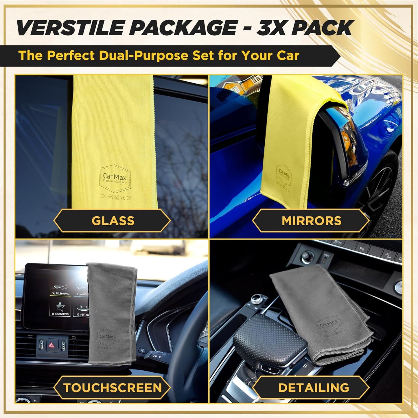 CarMax® Glass and Touchscreen Cloths, Two Lint Free, High Performing Cleaning Cloths for Glass and Mirrors, One Super Soft Suede Finish Microfibre for Touchscreens, and High Gloss interior elements.