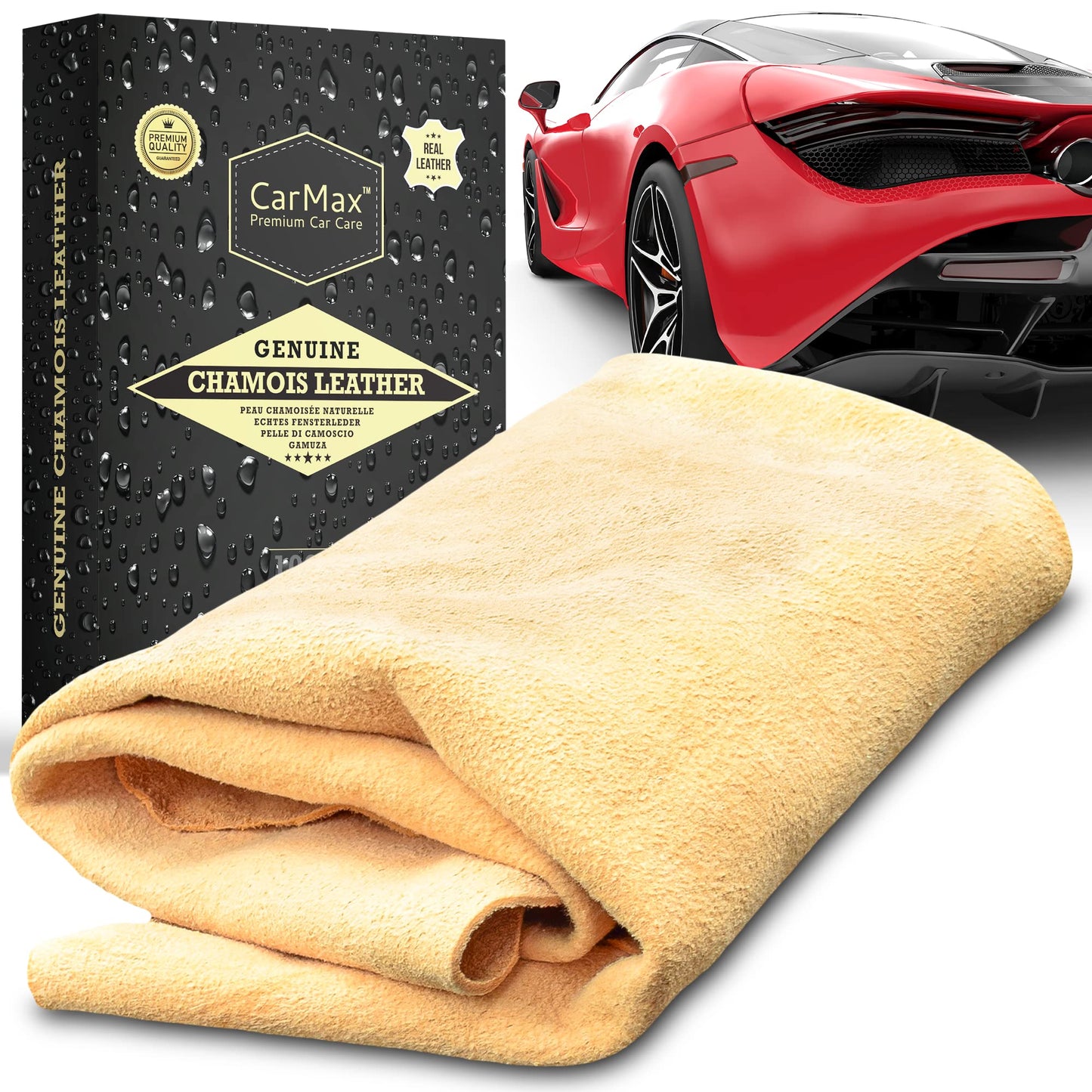 CarMax® English Premium Grade Natural Chamois Leather - Large - Perfect for drying off the whole car, glass, mirrors, inside and out, super soft and highly absorbent, Made in the UK