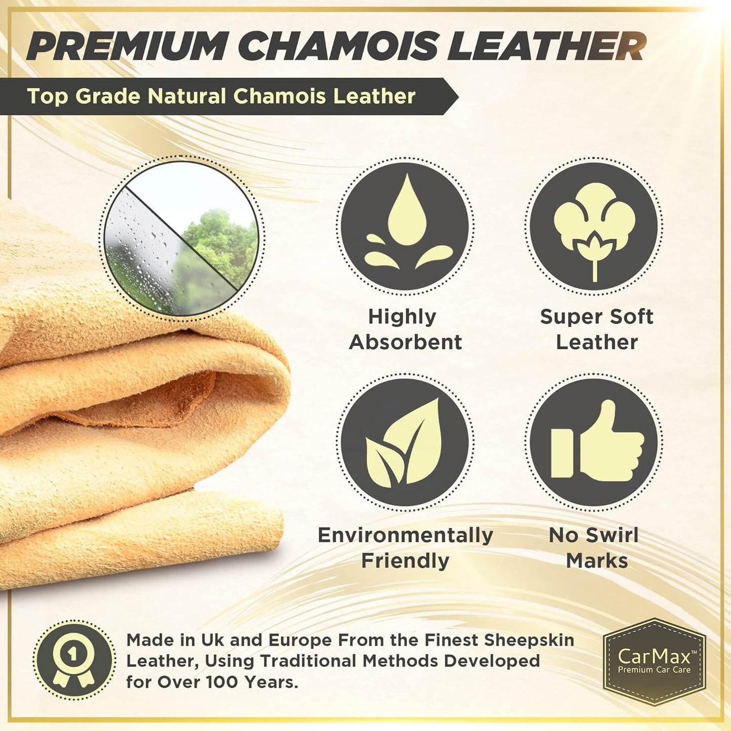 CarMax® English Premium Grade Natural Chamois Leather - Large - Perfect for drying off the whole car, glass, mirrors, inside and out, super soft and highly absorbent, Made in the UK