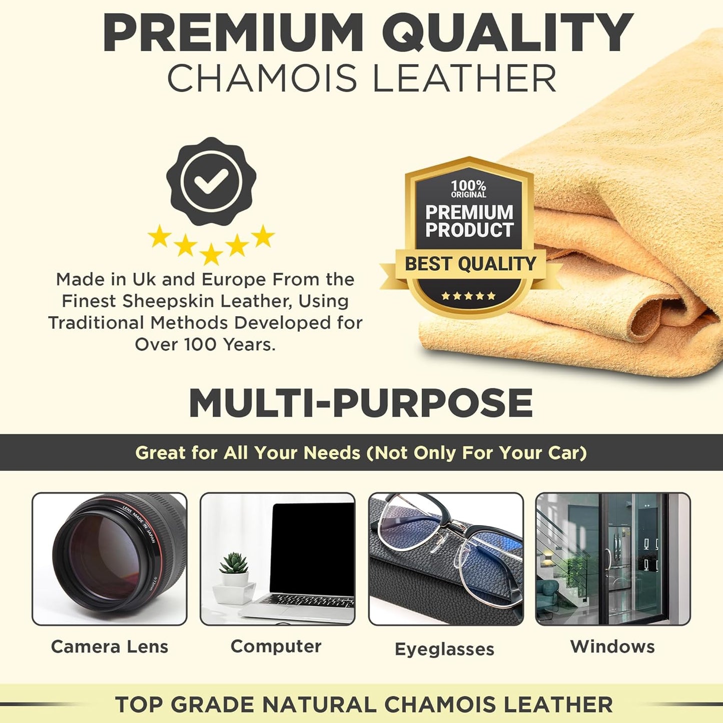 CarMax® Essentials - Premium Natural Chamois Leather - Fanatic's Five Pack - Perfect for car detailing, glass, mirrors and for windows and glass around the home
