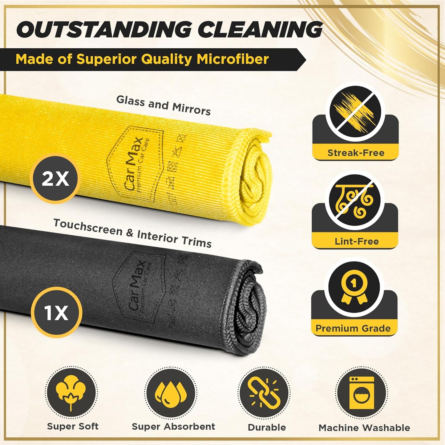 CarMax® Glass and Touchscreen Cloths, Two Lint Free, High Performing Cleaning Cloths for Glass and Mirrors, One Super Soft Suede Finish Microfibre for Touchscreens, and High Gloss interior elements.