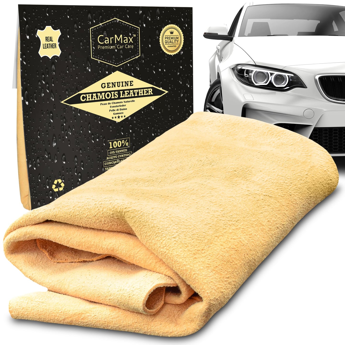 CarMax® English Premium Grade Natural Chamois Leather - Large - Perfect for drying off the whole car, glass, mirrors, inside and out, super soft and highly absorbent, Made in the UK
