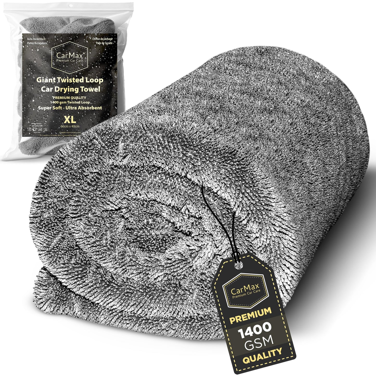 CarMax® - Original Twisted Loop Car Drying Towel - Double-Sided XXL - 90cm x 60cm 1400gsm Microfibre Towel for fast streak-free drying and detailing.