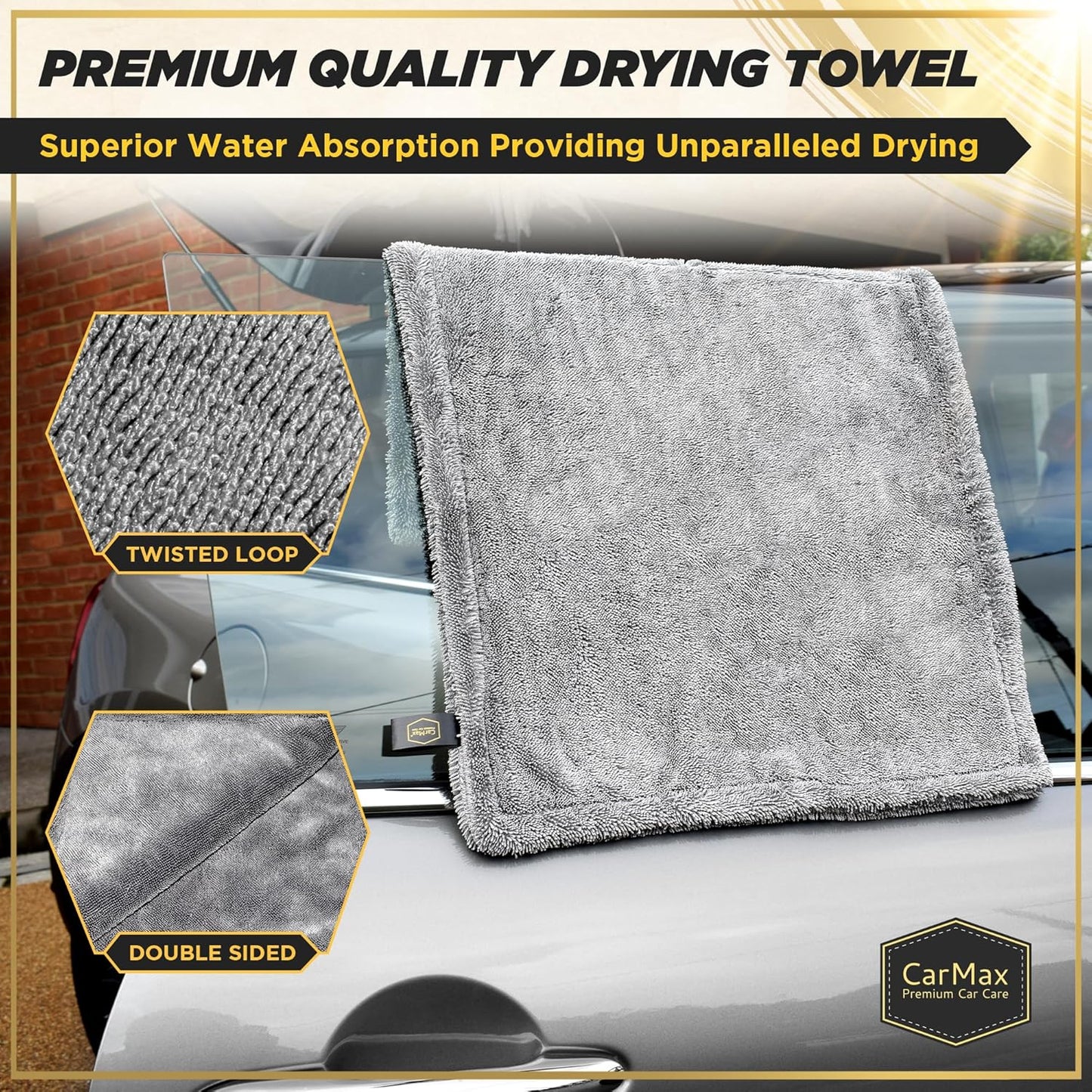 CarMax® - Original Twisted Loop Car Drying Towel - Double-Sided XXL - 90cm x 60cm 1400gsm Microfibre Towel for fast streak-free drying and detailing.