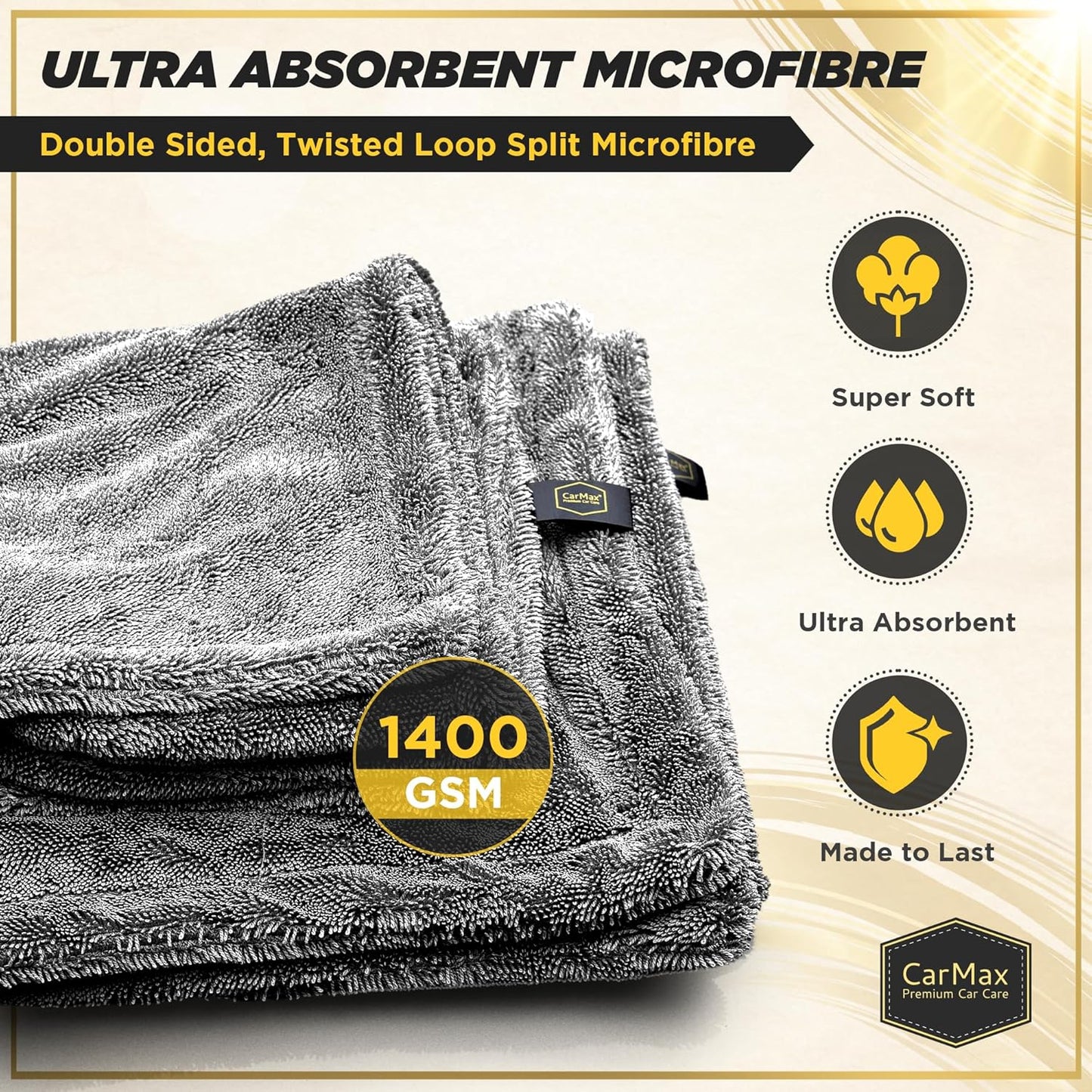 CarMax® - Original Twisted Loop Car Drying Towel - Double-Sided XXL - 90cm x 60cm 1400gsm Microfibre Towel for fast streak-free drying and detailing.