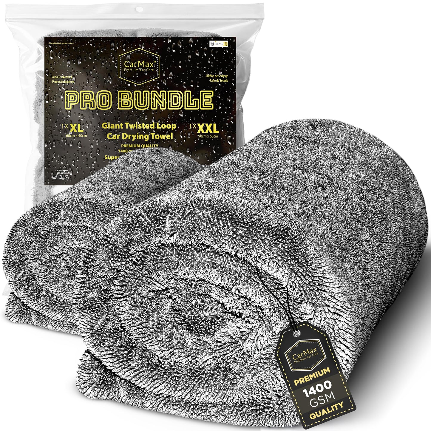 CarMax® - Original Twisted Loop Car Drying Towel - Double-Sided XXL - 90cm x 60cm 1400gsm Microfibre Towel for fast streak-free drying and detailing.