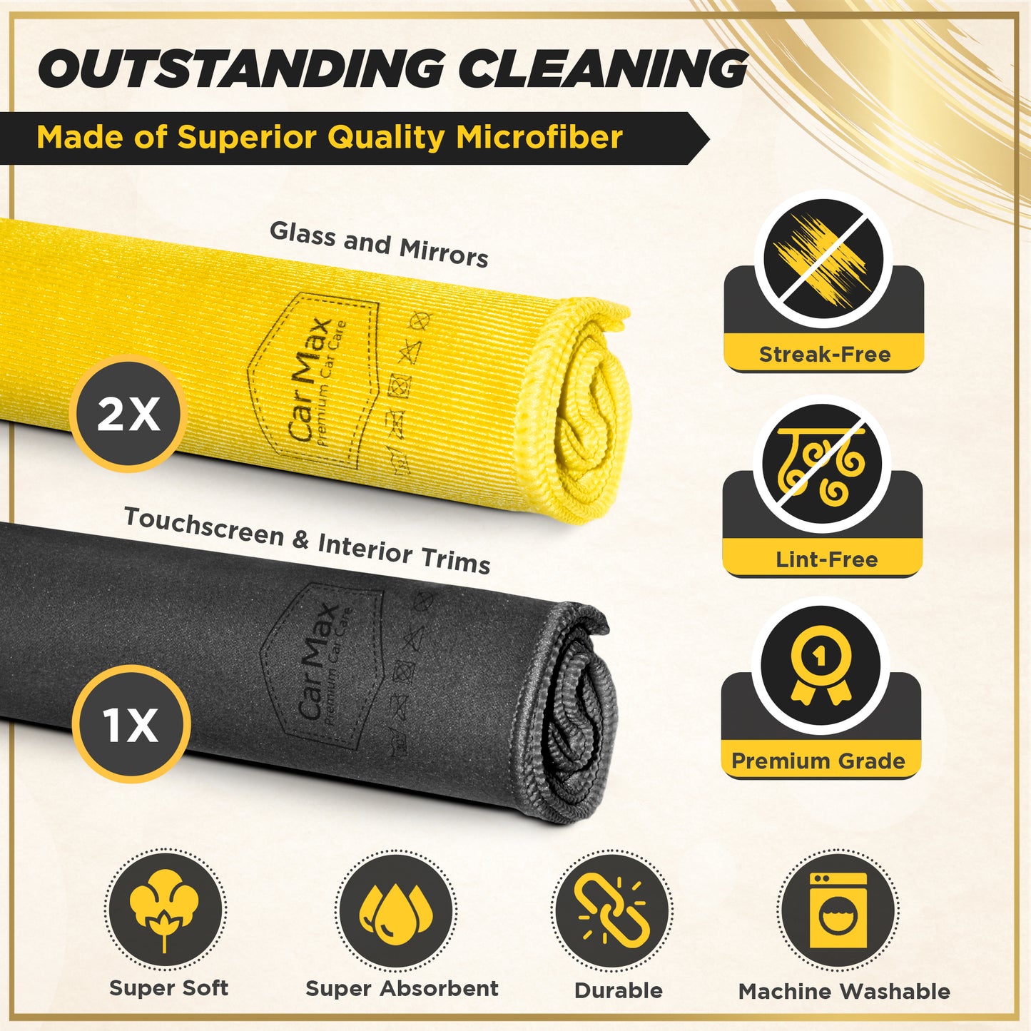 CarMax® Glass and Touchscreen Cloths, Two Lint Free, High Performing Cleaning Cloths for Glass and Mirrors, One Super Soft Suede Finish Microfibre for Touchscreens, and High Gloss interior elements.