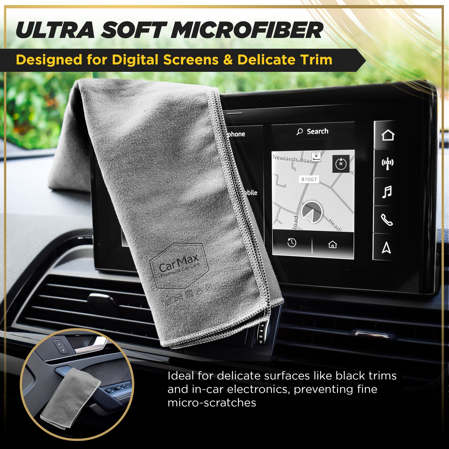 CarMax® Glass and Touchscreen Cloths, Two Lint Free, High Performing Cleaning Cloths for Glass and Mirrors, One Super Soft Suede Finish Microfibre for Touchscreens, and High Gloss interior elements.