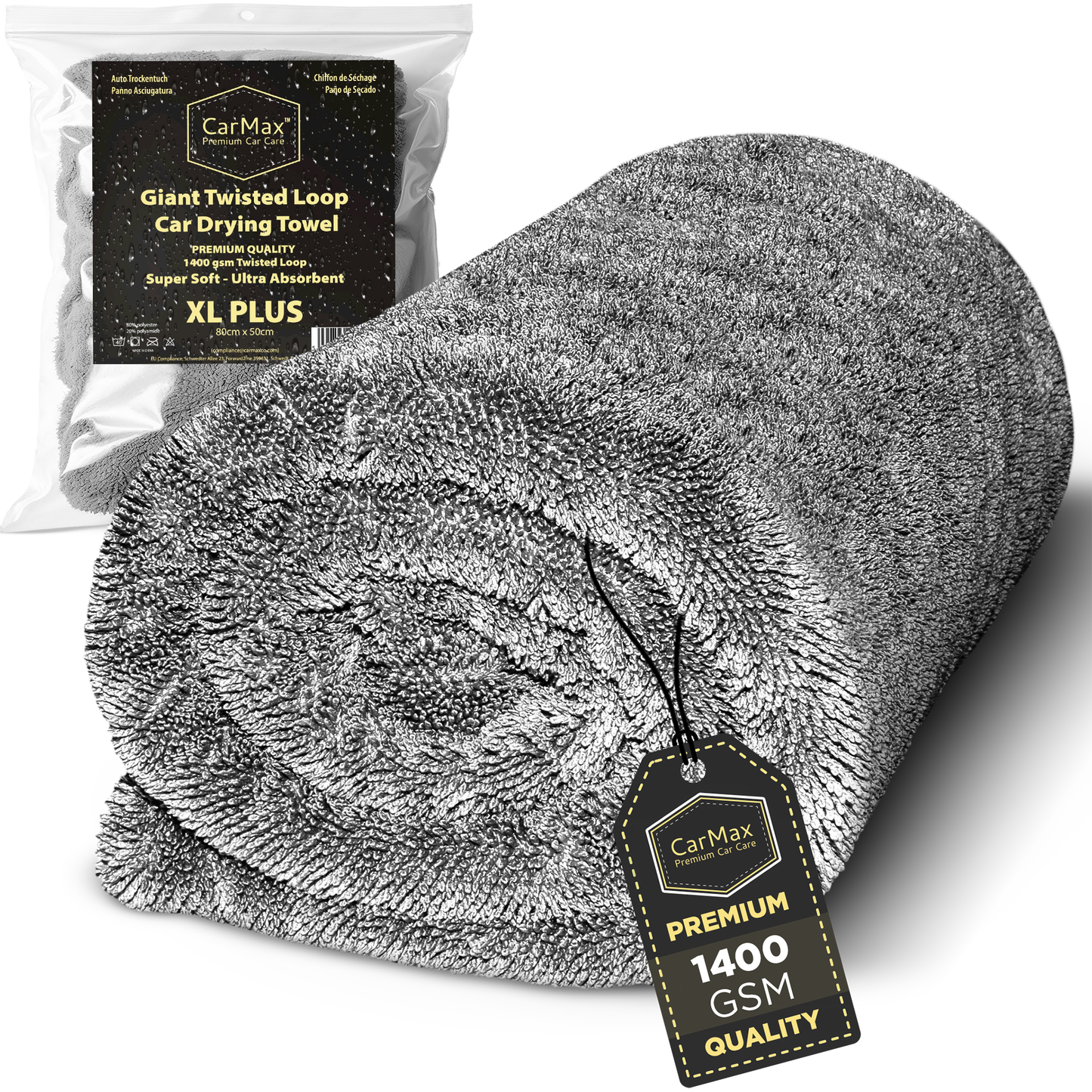 CarMax® - Original Twisted Loop Car Drying Towel - Double-Sided XXL - 90cm x 60cm 1400gsm Microfibre Towel for fast streak-free drying and detailing.