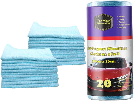 CarMax® - 20 Multi-Purpose Blue Car Cleaning & Detailing Microfibres on a Roll- reusable microfibre towels 30cm x 30cm on tear-off roll