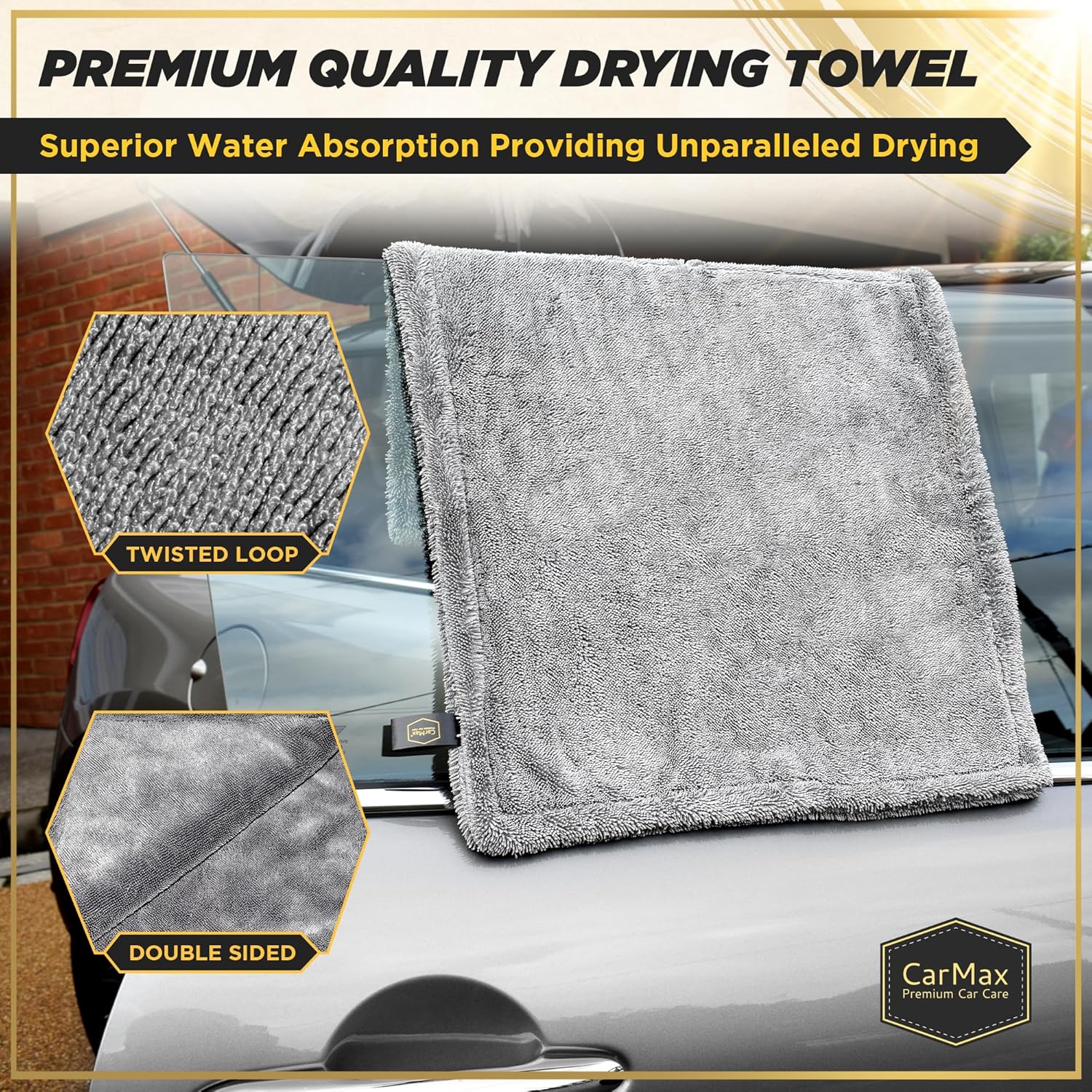 CarMax® - Original Twisted Loop Car Drying Towel - Double-Sided XXL - 90cm x 60cm 1400gsm Microfibre Towel for fast streak-free drying and detailing.