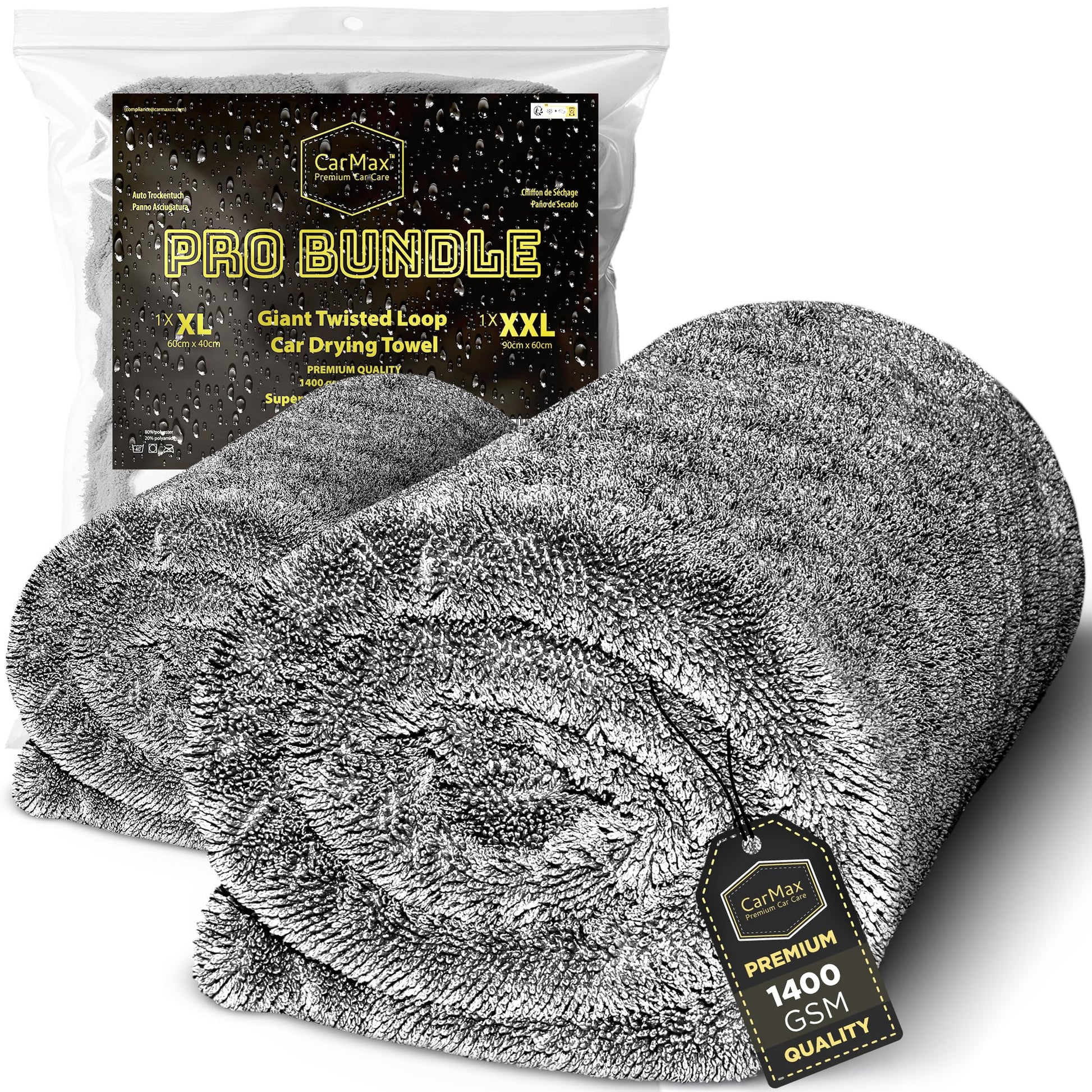 CarMax® - Original Twisted Loop Car Drying Towel - Double-Sided XXL - 90cm x 60cm 1400gsm Microfibre Towel for fast streak-free drying and detailing.