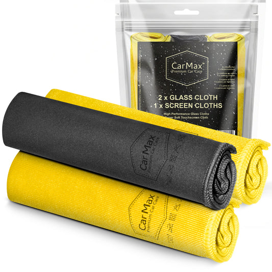 CarMax® Glass and Touchscreen Cloths, Two Lint Free, High Performing Cleaning Cloths for Glass and Mirrors, One Super Soft Suede Finish Microfibre for Touchscreens, and High Gloss interior elements.